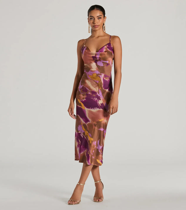 The midi dress length on the Always Impress Cowl Neck Tie-Dye Satin Midi Dress provides an elevated silhouette perfect for any party, occasion, or everyday styling.