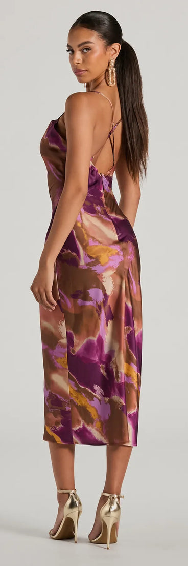 The midi dress length on the Always Impress Cowl Neck Tie-Dye Satin Midi Dress provides an elevated silhouette perfect for any party, occasion, or everyday styling.