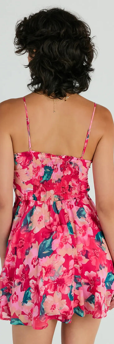 The Tropical Blooms Floral Ruffle Chiffon Skater Dress is a casual dress for more than special occasions with a fitted or flowy silhouette and accents in the most recent trends!