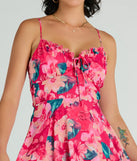 Step into winter chic with the Tropical Blooms Floral Ruffle Chiffon Skater Dress, a pink mini dress featuring an above-the-knee cut ideal for cocktail parties, festive gatherings, or clubwear.