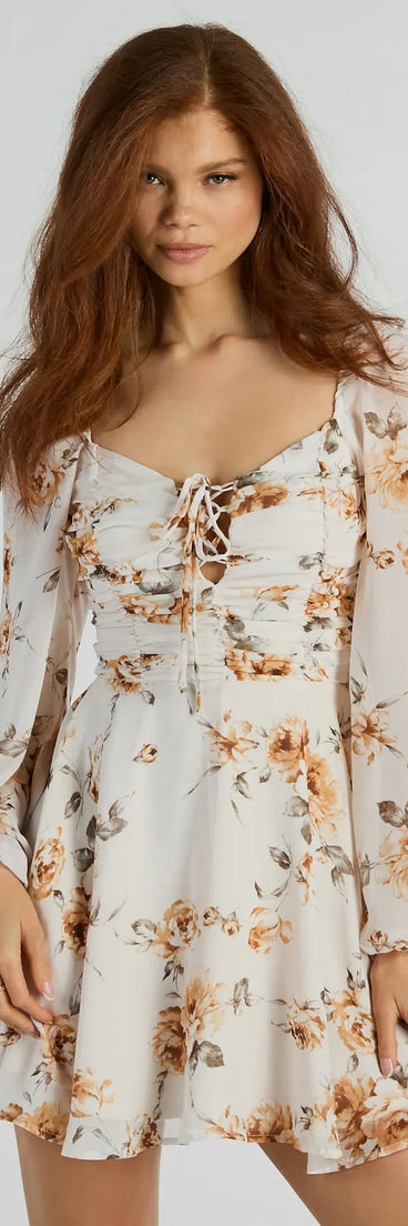 Gorgeous Mood Lace Up Floral Chiffon Skater Dress