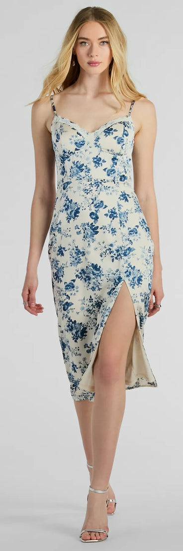 Botanical Beauty Lace Trim Floral Satin Midi Dress