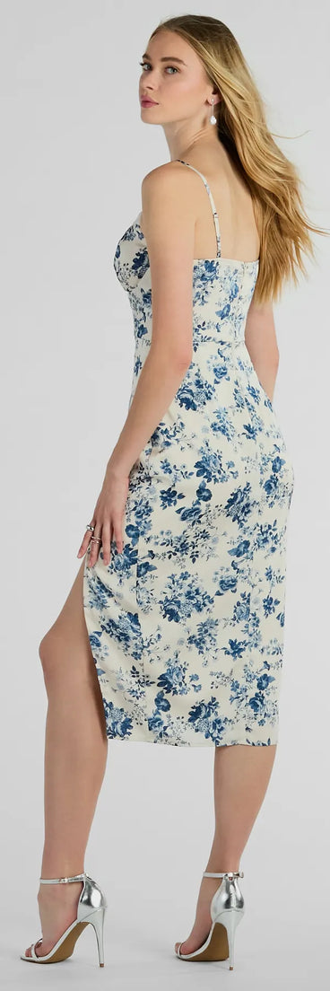 Botanical Beauty Lace Trim Floral Satin Midi Dress