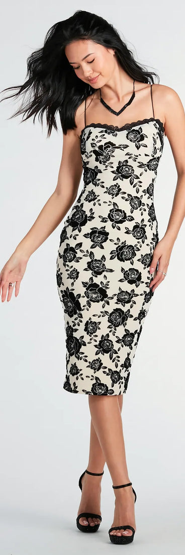 Feel confident and photo-ready in the Irresistible Romance Rose Velvet Lace Midi Dress, a ivory graduation dress perfect for 2025 ceremonies and parties.