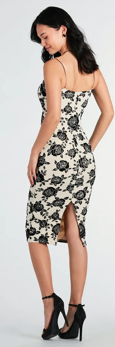 Celebrate in style with the Irresistible Romance Rose Velvet Lace Midi Dress, a ivory formal wedding guest dress featuring an elegant silhouette and luxe details, perfect for a black-tie celebration.