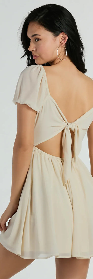 Flirt And Twirl Puff Sleeve Tie-Back Skater Dress