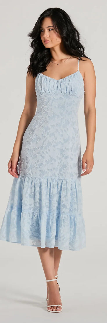 Feel confident and photo-ready in the Heavenly Cute Scoop Neck Chiffon Ruffled Midi Dress, a light blue graduation dress perfect for 2025 ceremonies and parties.