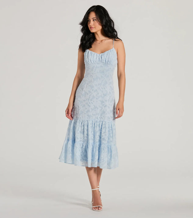Feel confident and photo-ready in the Heavenly Cute Scoop Neck Chiffon Ruffled Midi Dress, a light blue graduation dress perfect for 2025 ceremonies and parties.
