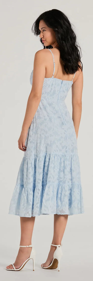 The midi dress length on the Heavenly Cute Scoop Neck Chiffon Ruffled Midi Dress provides an elevated silhouette perfect for any party, occasion, or everyday styling.