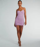 Make a statement in the Much Love Sweetheart Swiss Dot Mesh Mini Dress, a lavender bodycon dresses that blends unique design details with a tight silhouette for a head-turning holiday or New Year's eve dress.