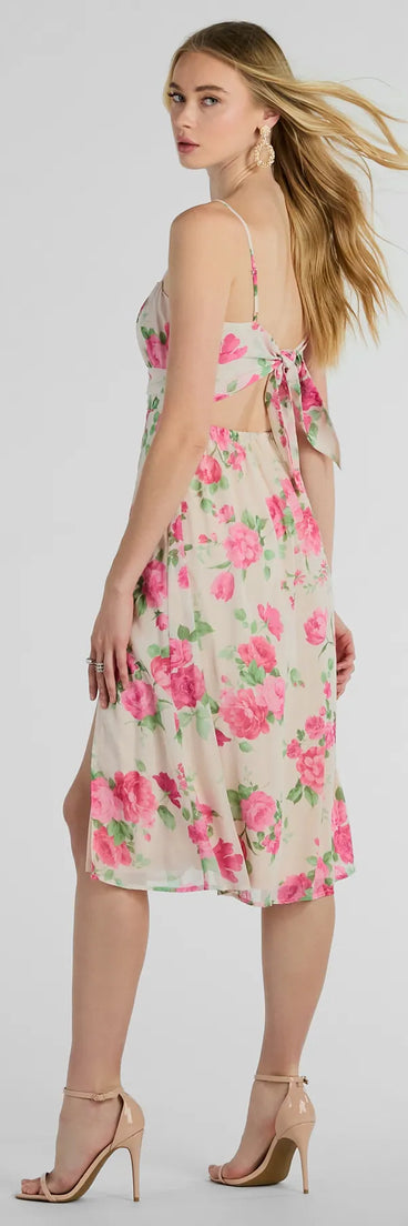 The Garden Of Romance Tie Back Rose Floral A-Line Dress is a stylish ivory floral dress featuring a fresh seasonal print and flattering design, perfect for garden parties, bridal showers, Valentine's Day celebrations, or everyday spring styling.