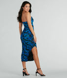 Bold Bloom Strapless Ruched Floral Mesh Midi Dress