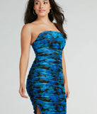 Bold Bloom Strapless Ruched Floral Mesh Midi Dress