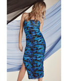 Bold Bloom Strapless Ruched Floral Mesh Midi Dress