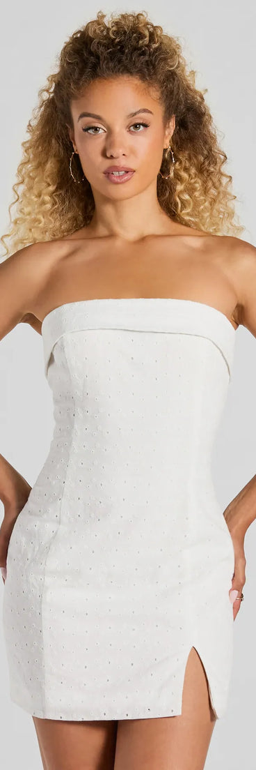 Shine with confidence, elegance, and standout style in the Blissfully Cute Strapless Slit Eyelet Mini Dress—a graduation dress designed with a fresh silhouette and the latest trends.