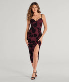 Bold Romance Sleeveless Flocked Velvet Corset Midi Dress in wine, a stunning Valentine's Day dress with a flattering fit and romantic details, perfect for date night or Galentine’s celebrations.
