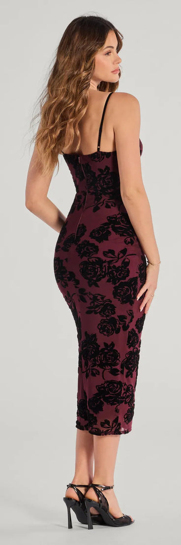 Bold Romance Sleeveless Flocked Velvet Corset Midi Dress in wine, a stunning Valentine's Day dress with a flattering fit and romantic details, perfect for date night or Galentine’s celebrations.
