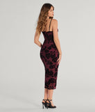 Bold Romance Sleeveless Flocked Velvet Corset Midi Dress in wine, a stunning Valentine's Day dress with a flattering fit and romantic details, perfect for date night or Galentine’s celebrations.