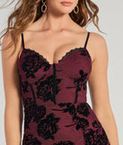 Bold Romance Sleeveless Flocked Velvet Corset Midi Dress in wine, a stunning Valentine's Day dress with a flattering fit and romantic details, perfect for date night or Galentine’s celebrations.