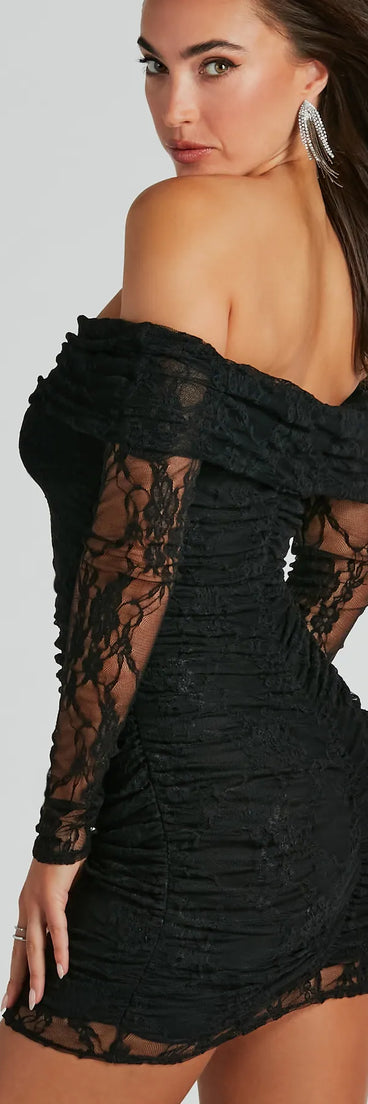 The Keep The Spark Off-The-Shoulder Lace Mini Dress is a mini dress in black, perfect for an above-the-knee holiday party dress or a stylish NYE look, with a short hemline designed to make a winter statement.