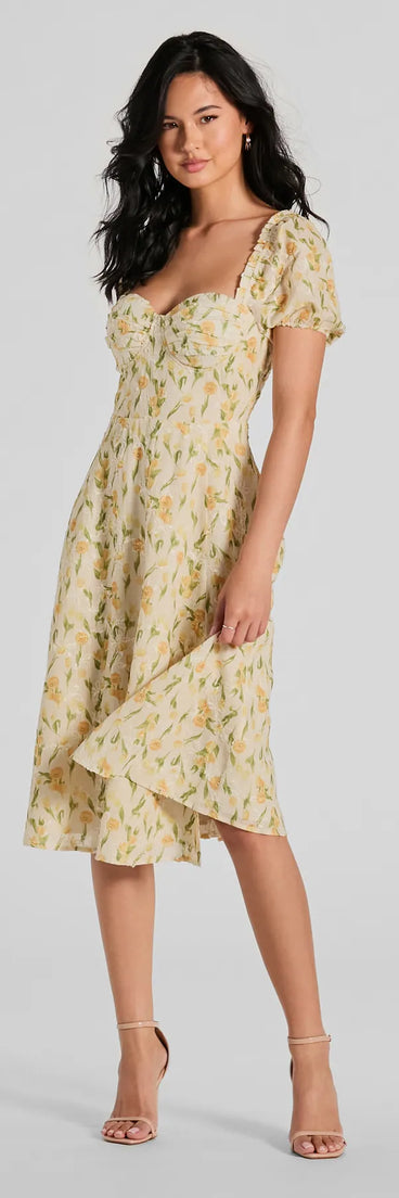 midi dress with lemons Lemon Floral Sleeveless V-neck Ruched Midi Dress