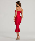 Chic In The City Cowl Neck Midi Dress in red, a stylish red dress with a flattering fit and fabric that adds allure to your look, perfect for wedding guest attire, cocktail events, or making a bold statement on a date night.