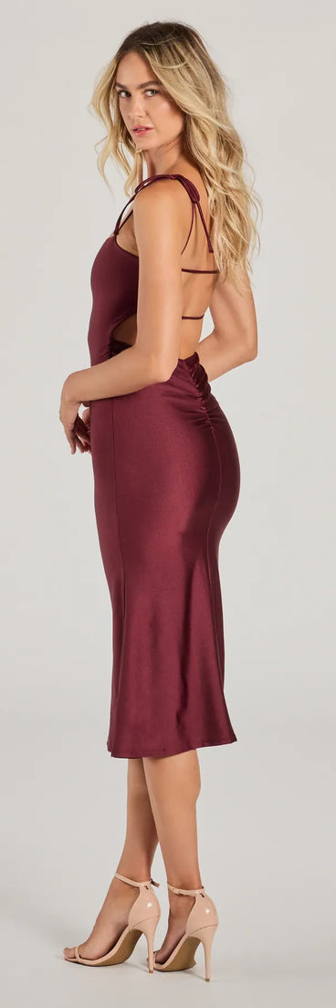Celebrate in style with the Something About Her Strappy Back Bodycon Midi Dress, a raisin purple formal wedding guest dress featuring an elegant silhouette and luxe details, perfect for a black-tie celebration.