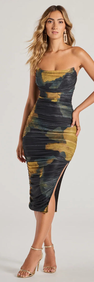 The midi dress length on the Luminous Allure Strapless Corset Abstract Midi Dress provides an elevated silhouette perfect for any party, occasion, or everyday styling.