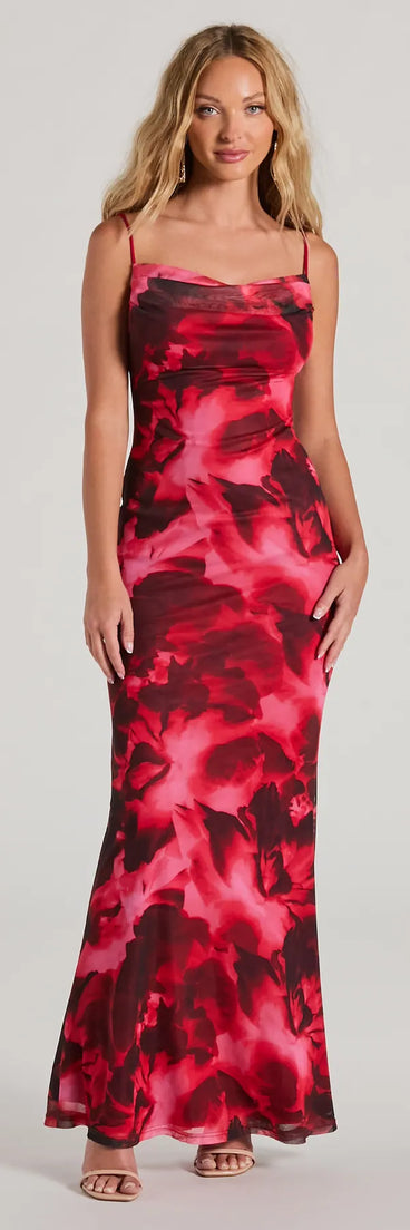 Make a statement in the Catch Attention Cowl Neck Abstract Floral Maxi Dress, a fuchsia bodycon dresses that blends unique design details with a tight silhouette for a head-turning holiday or New Year's eve dress.