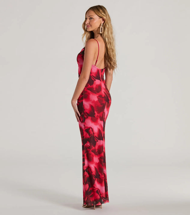 Make a statement in the Catch Attention Cowl Neck Abstract Floral Maxi Dress, a fuchsia bodycon dresses that blends unique design details with a tight silhouette for a head-turning holiday or New Year's eve dress.