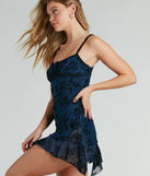 The Floral Flirt Velvet Burnout Ruffled Mini Dress is a luxe navy velvet dress that offers a rich and elegant look, a stylish pick for a Military Ball gown, Winter Formal attire, or a wedding guest dress.