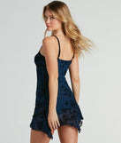 Floral Flirt Velvet Burnout Ruffled Mini Dress, a trendy navy blue mini dress featuring modern details and a fresh seasonal hue, perfect for creating chic 2025 looks.
