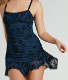 Floral Flirt Velvet Burnout Ruffled Mini Dress, a trendy navy blue mini dress featuring modern details and a fresh seasonal hue, perfect for creating chic 2025 looks.