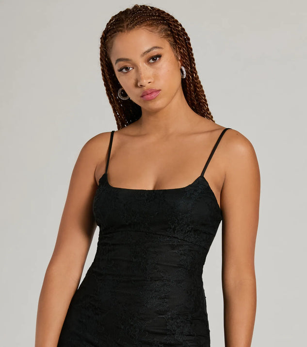black lace scoop neck dress On the Town Lace Scoop Neck Dress in Black