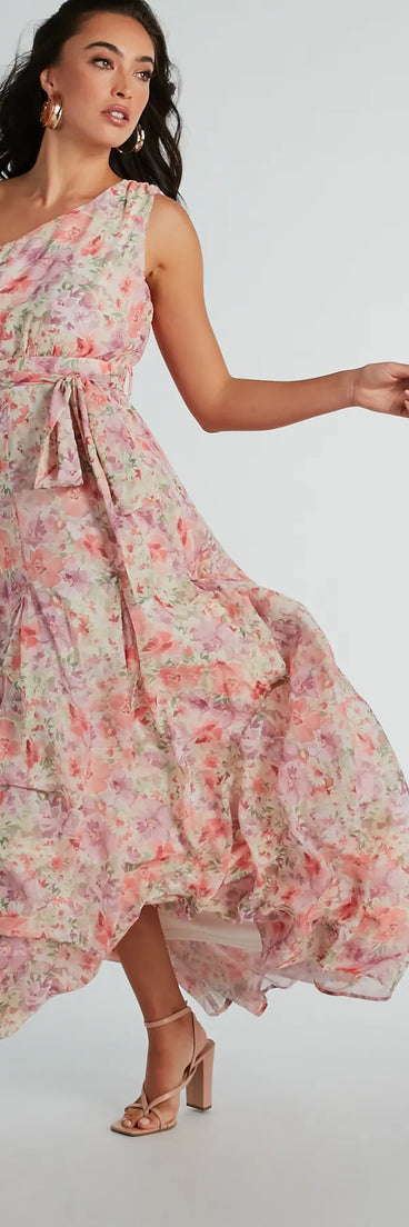 The Floral Perfection One-Shoulder Chiffon Maxi Dress is a pink dress, an essential holiday or NYE dress that pairs chic style with versatility making it perfect for cocktail events, New Year's Eve parties, or as a winter wedding guest look.
