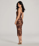 The Artsy Charm Corset Abstract Bodycon Midi Dress in brown combines chic design and festive charm, offering a cocktail dress perfect for winter cocktail parties, work events, and holiday soirées.
