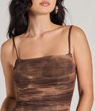 The Artsy Charm Corset Abstract Bodycon Midi Dress in brown combines chic design and festive charm, offering a cocktail dress perfect for winter cocktail parties, work events, and holiday soirées.