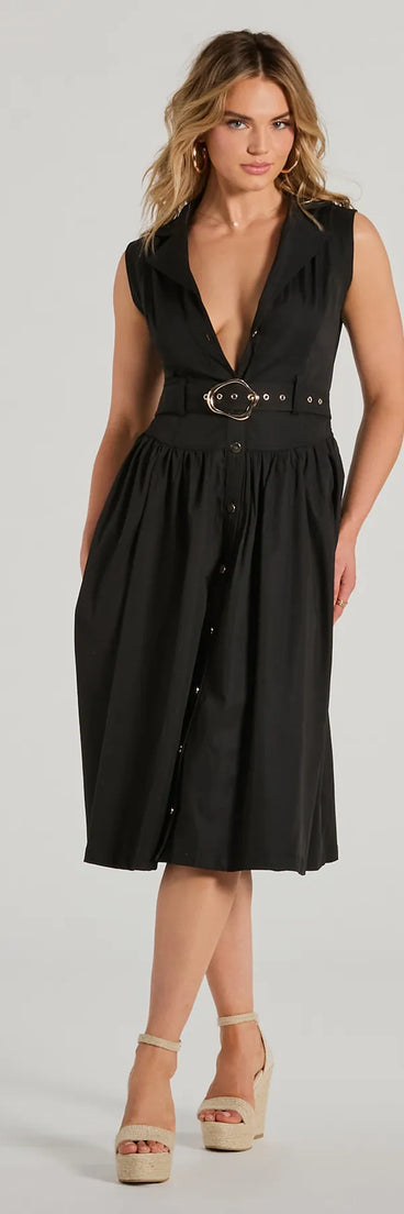 The stunning Pleasant Cutie Collared V-Neck Belted Midi Dress provides a chic silhouette and party-ready details that make it a standout black dress for cocktail events, New Year's Eve parties, or as a winter wedding guest look.