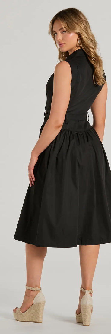 The stunning Pleasant Cutie Collared V-Neck Belted Midi Dress provides a chic silhouette and party-ready details that make it a standout black dress for cocktail events, New Year's Eve parties, or as a winter wedding guest look.