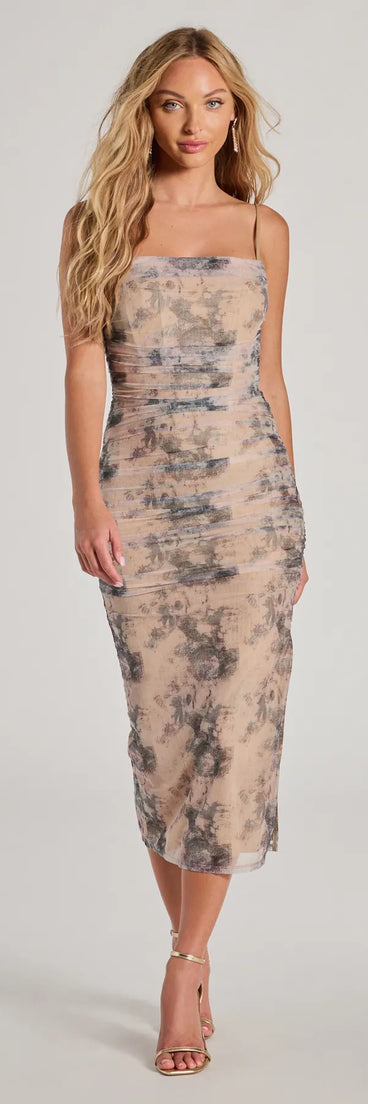 Celebrate the special day in the Whimsical Beauty Abstract Print Midi Mesh Corset Dress, a taupe country wedding guest dress with soft, romantic details that blend charm and sophistication.