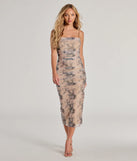 Celebrate the special day in the Whimsical Beauty Abstract Print Midi Mesh Corset Dress, a taupe country wedding guest dress with soft, romantic details that blend charm and sophistication.