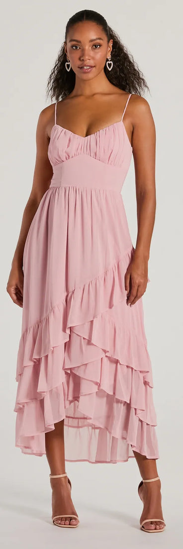 The Cause For Celebration V-Neck Ruffle Chiffon Midi Dress is a rose dress, an essential holiday or NYE dress that pairs chic style with versatility making it perfect for cocktail events, New Year's Eve parties, or as a winter wedding guest look.