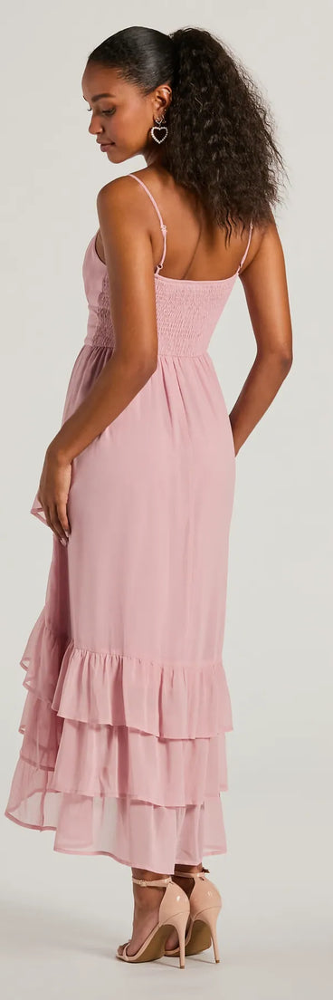 The Cause For Celebration V-Neck Ruffle Chiffon Midi Dress is a rose dress, an essential holiday or NYE dress that pairs chic style with versatility making it perfect for cocktail events, New Year's Eve parties, or as a winter wedding guest look.