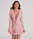 Step into winter chic with the Dreamy Mix Long Sleeve Ruffle Lace A-Line Dress, a pink mini dress featuring an above-the-knee cut ideal for cocktail parties, festive gatherings, or clubwear.
