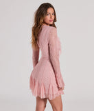 The Dreamy Mix Long Sleeve Ruffle Lace A-Line Dress is a mini dress in pink, perfect for an above-the-knee holiday party dress or a stylish NYE look, with a short hemline designed to make a winter statement.