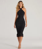 Celebrate in style with the Irresistibly Bold Halter Strappy Bodycon Midi Dress, a black formal wedding guest dress featuring an elegant silhouette and luxe details, perfect for a black-tie celebration.