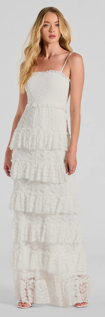 Essential for vacations or summer days, the Follow Your Heart Sleeveless Ruffled Lace Maxi Dress is a sundress or milkmaid dress with sleek and flirty details.