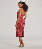The Looking Pretty In Floral Chiffon Midi Dress in berry is an elevated cocktail dress featuring a chic silhouette, perfect for winter cocktail parties and holiday celebrations with trendy seasonal details.