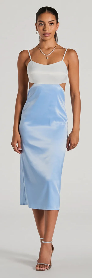The midi dress length on the Perfect Pairing Tie Back Color Block Satin Midi Dress provides an elevated silhouette perfect for any party, occasion, or everyday styling.
