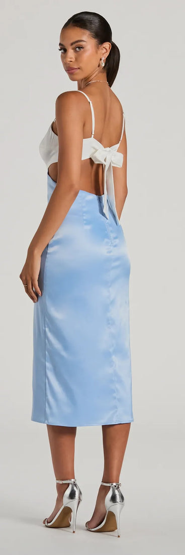 The Perfect Pairing Tie Back Color Block Satin Midi Dress as your wedding guest dress with a stylish neckline and/or sleeves and elevated details on the back and front will make you the best dressed at any event!
